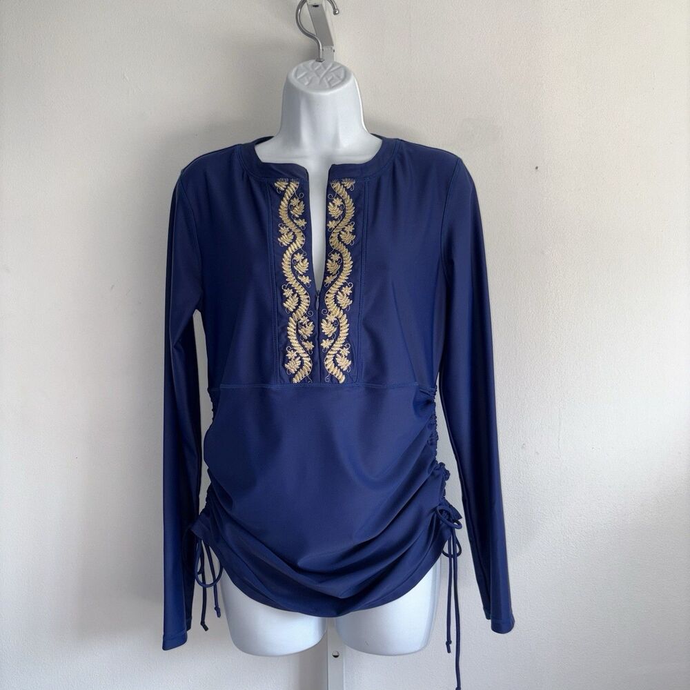 Cabana Life Navy Blue Gold Embroidered Rashguard Top Coverup Large Long Sleeve
